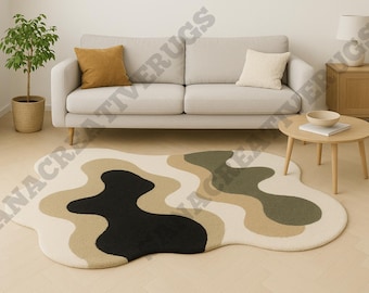 Wool Area Rug, Modern Abstract Wavy Design, Hand-Tufted Organic Shape Floor Mat Carpet
