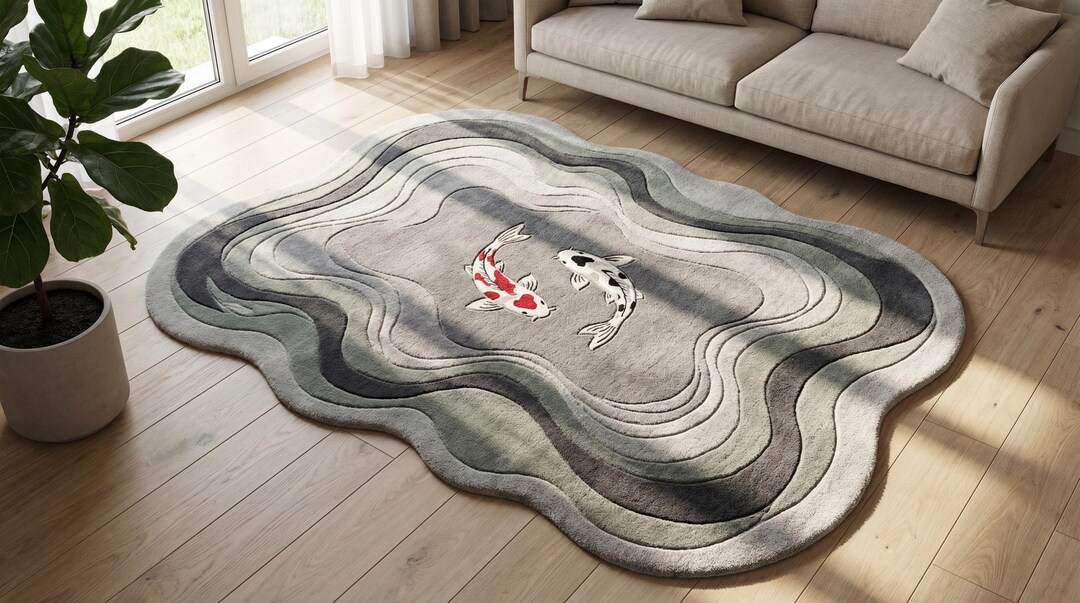 Large Fis Rug Hand Tufted Wool Koi Fish Rug, Abstract Sculpted Carpet, Custom Living ...
