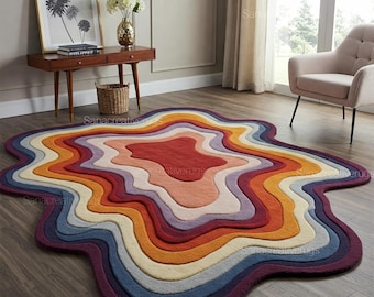 Colorful Wavy Wool Rug, hand tufted rug, abstract floor art, multicolor living room decor
