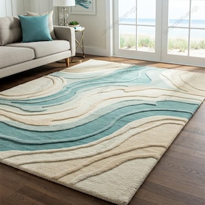 Tranquil Tides Coastal Wave-ontwerp • Vloerkleed voor woonkamer, slaapkamer en strandhuis • 100% wol