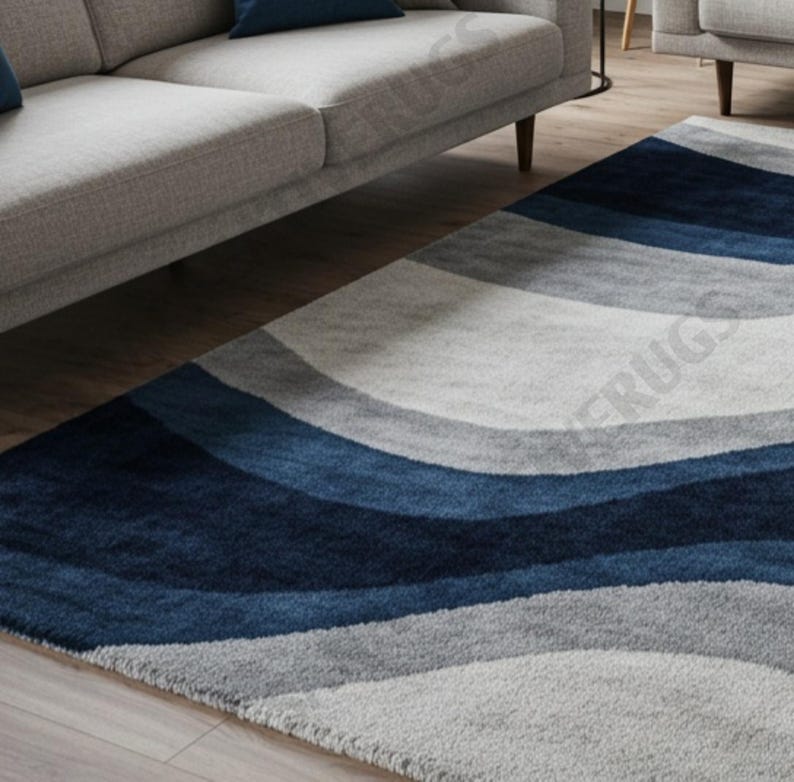 Blue Wavy Pattern Rug Modern Wavy Area Rug | Blue and Grey Abstract Rug for Living Room ...