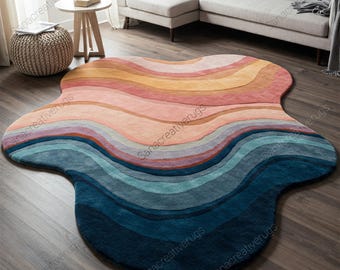 Abstract Wavy Wool Rug: Multicolour Hand-Tufted Area Rug (8x8)