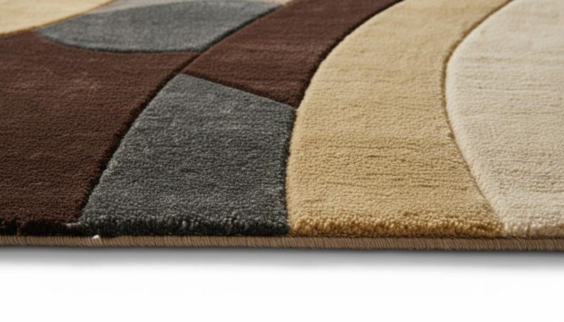 A high-angle shot of a rectangular hand-tufted wool area rug featuring a modern abstract pattern in brown, beige, tan, and grey. The rug is placed on a light oak wood floor in a bright living room next to a cream sofa, potted plants, and a wooden coffee table.