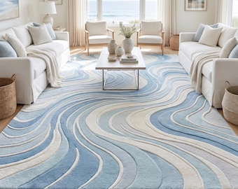 Hand Tufted Wool Area Rug, Modern Abstract Blue Wave Pattern, Coastal Living Room