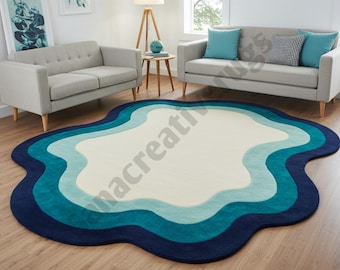 Hand-Tufted Wool Area Rug: Abstract Wavy Blue Teal, Modern Irregular Shape