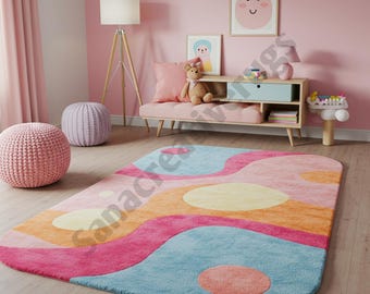 May include: A colorful area rug with a playful design in shades of pink, orange, yellow, and blue. The rug features a wavy pattern with large circular accents, adding a whimsical touch to the room's decor.
