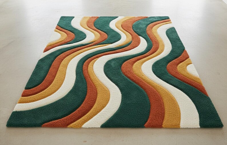 A high-quality Mid Century Modern hand tufted wool rug featuring a 3D abstract wave design in burnt orange, deep forest green, mustard yellow, and cream. The shag area rug has a plush multi-level pile and is styled on a wooden floor in a minimalist living room with vintage furniture.