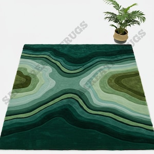 Hand-Tufted Green Abstract Wool Rug - Organic Wavy Area Rug for Living Room & Bedroom Decor
