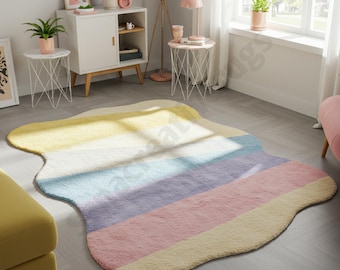 Hand-Tufted Pastel Abstract Rug - Wavy Wool Area Rug for Living Room, Nursery, or Bedroom