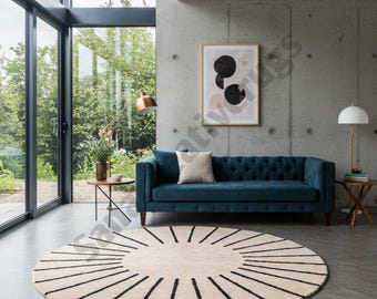 Abstract Sunburst Rug, Circular Wool Area Rug, Beige & Black Hand-Tufted Floor Decor