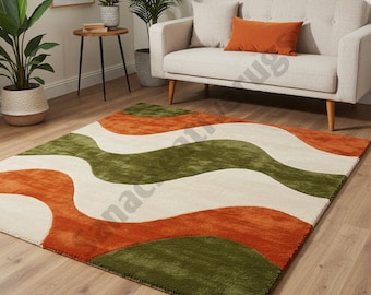 Hand-Tufted Wool Area Rug: Abstract Wavy Burnt Orange, Olive Green, Ivory