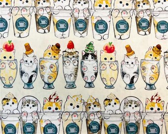 Tessuto kawaii con gatto e caffè, tessuto con cartoni animati, tessuto di cotone anime, a mezzo metro