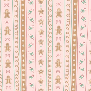 Peut inclure: Un motif répétitif sur fond rose clair présentant des bandes verticales de bonshommes en pain d'épices marron, de nœuds roses, de flocons de neige blancs, d'étoiles marron et de sucres d'orge rouges et blancs avec des nœuds verts.