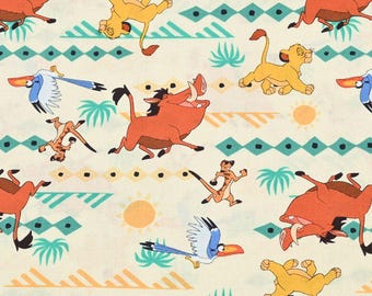 May include: A colourful fabric featuring a repeating pattern of cartoon characters from the Lion King movie. The characters include Simba, Pumbaa, Timon, and Zazu. The fabric is a light cream colour with orange, green, and blue accents.