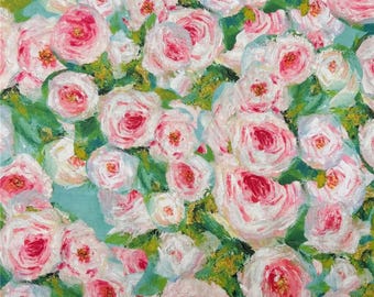 May include: A teal background with a floral pattern of pink and white roses. The roses are painted in a loose, impressionistic style.
