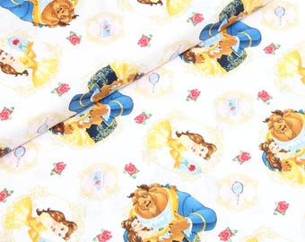 May include: White fabric with a repeating pattern of Belle and the Beast from Disney's Beauty and the Beast. The pattern features Belle and the Beast in various poses, including Belle holding a rose and the Beast holding a rose. The background is white with a subtle floral pattern.