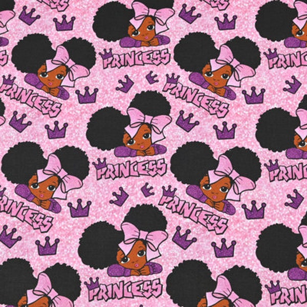 Black Girl Pink Bow Princess Fabric African American Purple and Pink Fabric Cartoon Fabric Anime Cotton Fabric By The Half Yard
