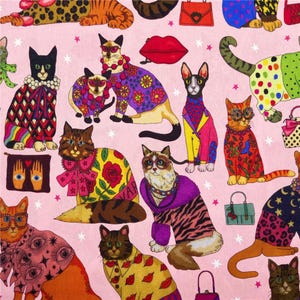 Modieuze kattenstof Roze kattenprintstof Leuke kattenstof Cartoonkatoenen stof per halve meter