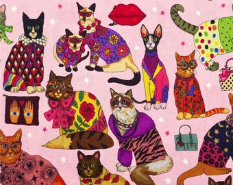 Fashionable Cat Fabric Pink Based Cat Print Fabric Cute Cat Fabric Cartoon Cotton Fabric By The Half Yard