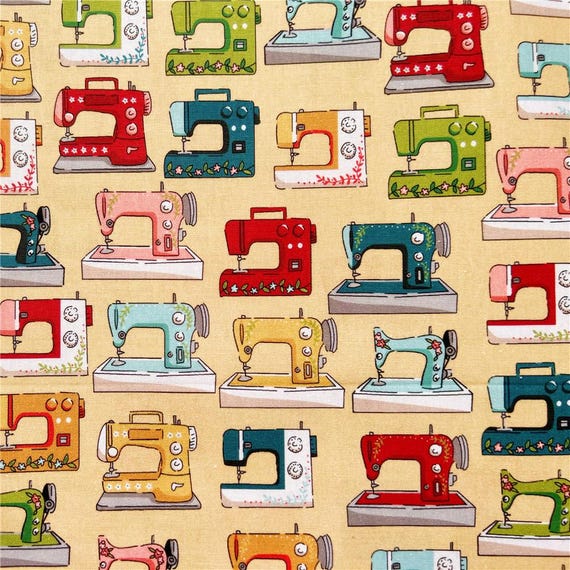 Vintage Sewing Machine Fabric Sewing Fabric Sew Fabric Cartoon Cotton Fabric, Sold by The Half Yard