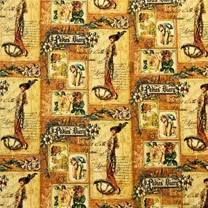 Tissu de style victorien vintage, tissu pour journal intime pour dames, tissu rose antique, tissu à motif de mode victorienne, tissu en coton de dessin animé au demi-mètre