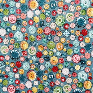 Könnte beinhalten: Ein blauer Stoff mit einem sich wiederholenden Muster aus bunten Knöpfen. Die Knöpfe sind in verschiedenen Formen und Größen, darunter Kreise, Quadrate und Blumen. Der Stoff ist perfekt für Bastelprojekte wie Quilts, Kissen und Taschen.