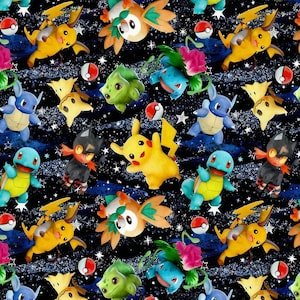 Könnte beinhalten: Ein sich wiederholendes Muster mit verschiedenen bunten Zeichentrickfiguren, darunter Pikachu, auf einem dunkelblauen Hintergrund mit weißen Sternen und rot-weißen Bällen. Die Charaktere sind in verschiedenen Posen.