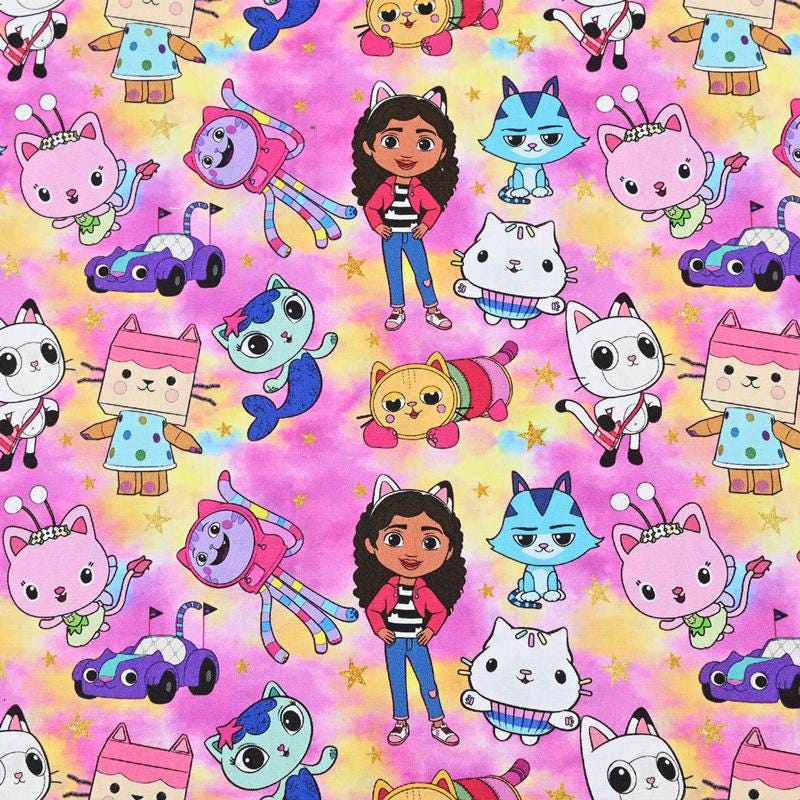 Gabby's Dollhouse Fabric Pink Purple Fabric Cartoon Cotton Fabric By The Half Yard