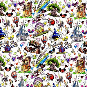 May include: A white fabric pattern featuring colourful hand-drawn illustrations of theme park landmarks, including a geodesic dome, a tall castle, a hotel, a carousel, a tree, hot air balloons, teacups, and various mouse-ear shaped icons.
