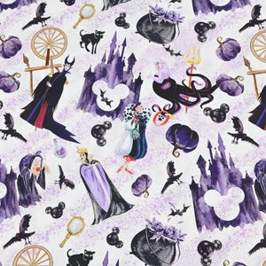 May include: Purple and white fabric with a repeating pattern of Disney villains, including Maleficent, Ursula, and Cruella de Vil. The pattern also includes pumpkins, cauldrons, and Mickey Mouse ears.