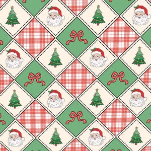 May include: A repeating pattern featuring a diamond grid with alternating squares. The design includes illustrations of Santa Claus faces, decorated Christmas trees, red bows, and a red and white plaid fabric texture on a green background.