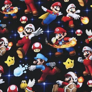 May include: Black fabric with a repeating pattern of the video game character Mario in various action poses. The characters are in red, blue, and white, with yellow stars and mushrooms. The background has a starry effect.
