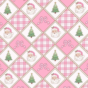 Könnte beinhalten: Ein sich wiederholendes Muster mit einem rosa-weiß karierten Hintergrund und rautenförmigen Rahmen. Die Rahmen enthalten abwechselnde Illustrationen eines zwinkernden Weihnachtsmanns mit rosa Mütze und eines geschmückten grünen Weihnachtsbaums.