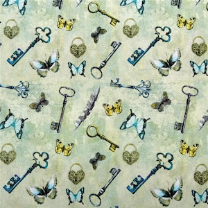 Vintage Key & Butterfly Fabric Feather Fabric Cartoon Cotton Fabric By The Half Yard