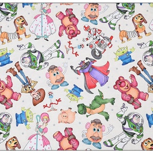 May include: A white background with a repeating pattern of Toy Story characters. The characters include Woody, Buzz Lightyear, Jessie, Mr. Potato Head, Rex, Slinky Dog, and Hamm. The characters are all in their signature colors and poses.