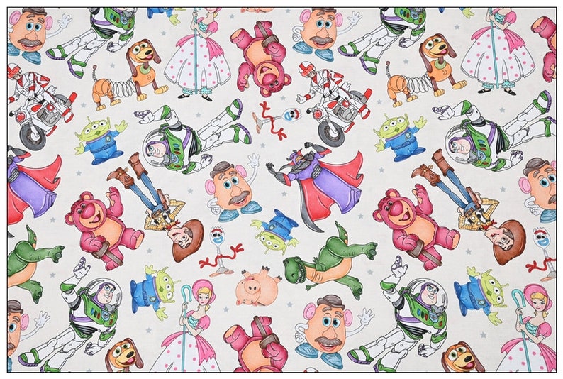 May include: A white background with a repeating pattern of Toy Story characters. The characters include Woody, Buzz Lightyear, Jessie, Mr. Potato Head, Rex, Slinky Dog, and Hamm. The characters are all in their signature colors and poses.
