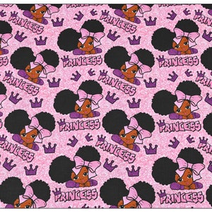 May include: A pink and purple glitter background with a repeating pattern of a black girl with a pink bow in her hair. The girl is looking to the side and the text "PRINCESS" is repeated throughout the pattern.