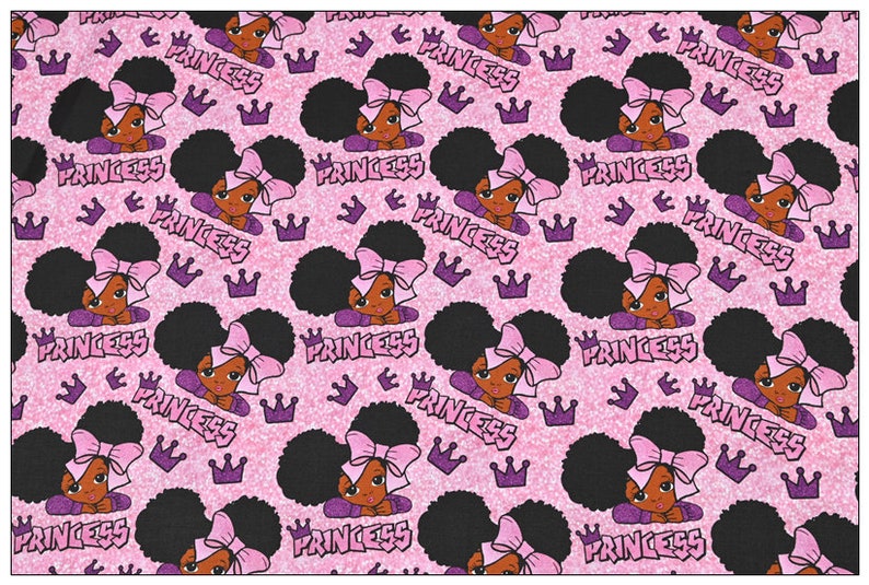 May include: A pink and purple glitter background with a repeating pattern of a black girl with a pink bow in her hair. The girl is looking to the side and the text "PRINCESS" is repeated throughout the pattern.