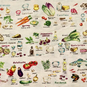 Può includere: Un tessuto bianco con illustrazioni di alimenti, tra cui verdure, formaggio e spezie. L'immagine presenta etichette di testo come "Caesar Salad", "Ratatouille" e "Focaccia", con ingredienti come pomodori e olio d'oliva.
