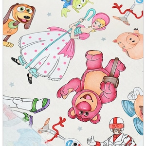 May include: A white fabric with a colorful pattern of Toy Story characters. The characters include Woody, Buzz Lightyear, Jessie, Mr. and Mrs. Potato Head, Rex, and Hamm. The fabric is perfect for quilting, crafts, and other projects.