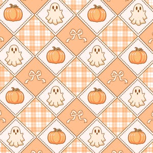 Könnte beinhalten: Ein sich wiederholendes Muster mit einem Rauten-Design in Orange- und Weißtönen. Das Muster wechselt zwischen Quadraten mit orangefarbenen Kürbissen, weißen Geistern und hellorangen Quadraten mit weißen Schleifen und karierten Hintergründen.