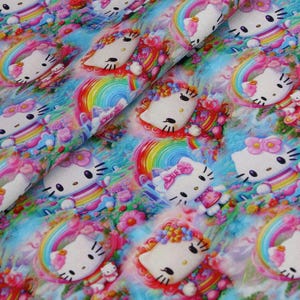 Rainbow Hello Kitty Fabric Fortune Cat Fabric Lucky Kitty Fabric Cartoon Fabric Anime Cotton Fabric By The Half Yard