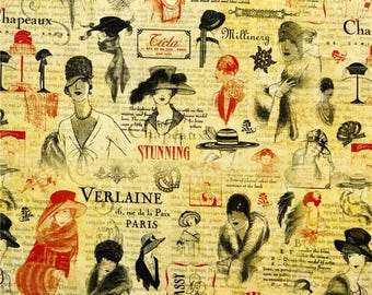 Vintage French Fashion Fabric Antique Parisian Style Fabric Cartoon Cotton Fabric By The Half Yard