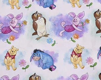 May include: A white background with a watercolor effect featuring Winnie the Pooh and his friends. The characters include Winnie the Pooh, Piglet, Eeyore, Tigger, and Owl. The characters are all smiling and have a friendly expression. The background is a light purple and blue watercolor effect.