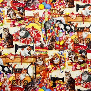Cute Cat Fabric Sewing Hobby Cat Fabric Antique Pet in Decor Fabric Cartoon Cotton Fabric By The Half Yard