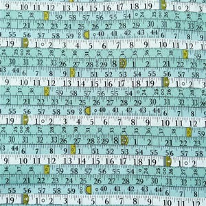 May include: A close-up of a repeating pattern of blue and white measuring tapes. The tapes are marked with numbers from 9 to 59. The numbers are in black and the tape is blue with white markings.