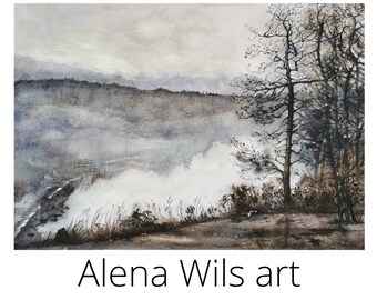 Fog on the water. Original painting by Alena Wils. Printable wall art.