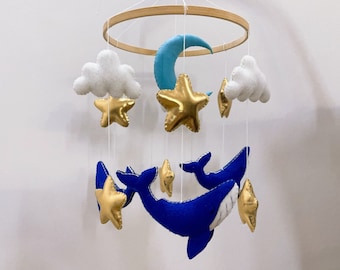 Blue Whale With Moon, Star And Cloud Baby Mobile, Baby Shower Mobile, Baby mobile, Baby Shower, Baby Nursery, Baby Room Decor, Babyshower