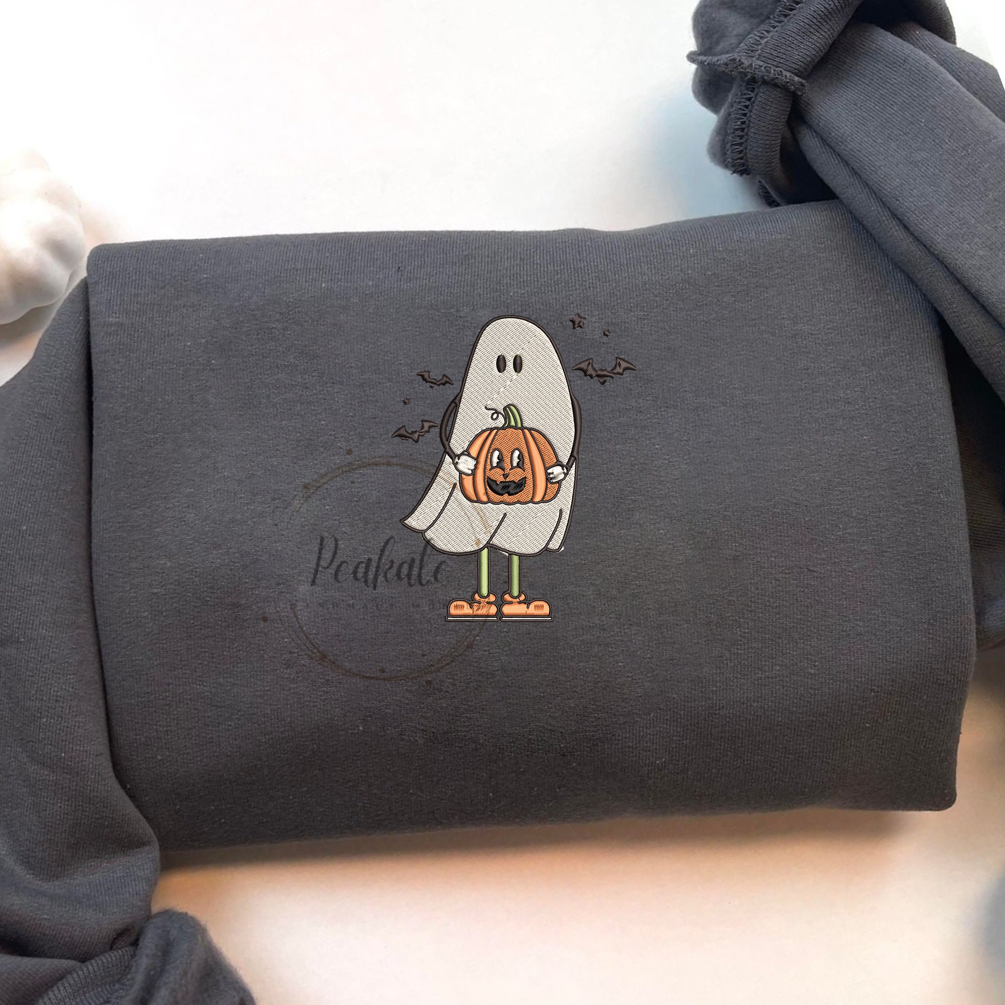 Discover Halloween Sweatshirt, Embroidered Ghost Sweatshirt, ghost with pumpkin