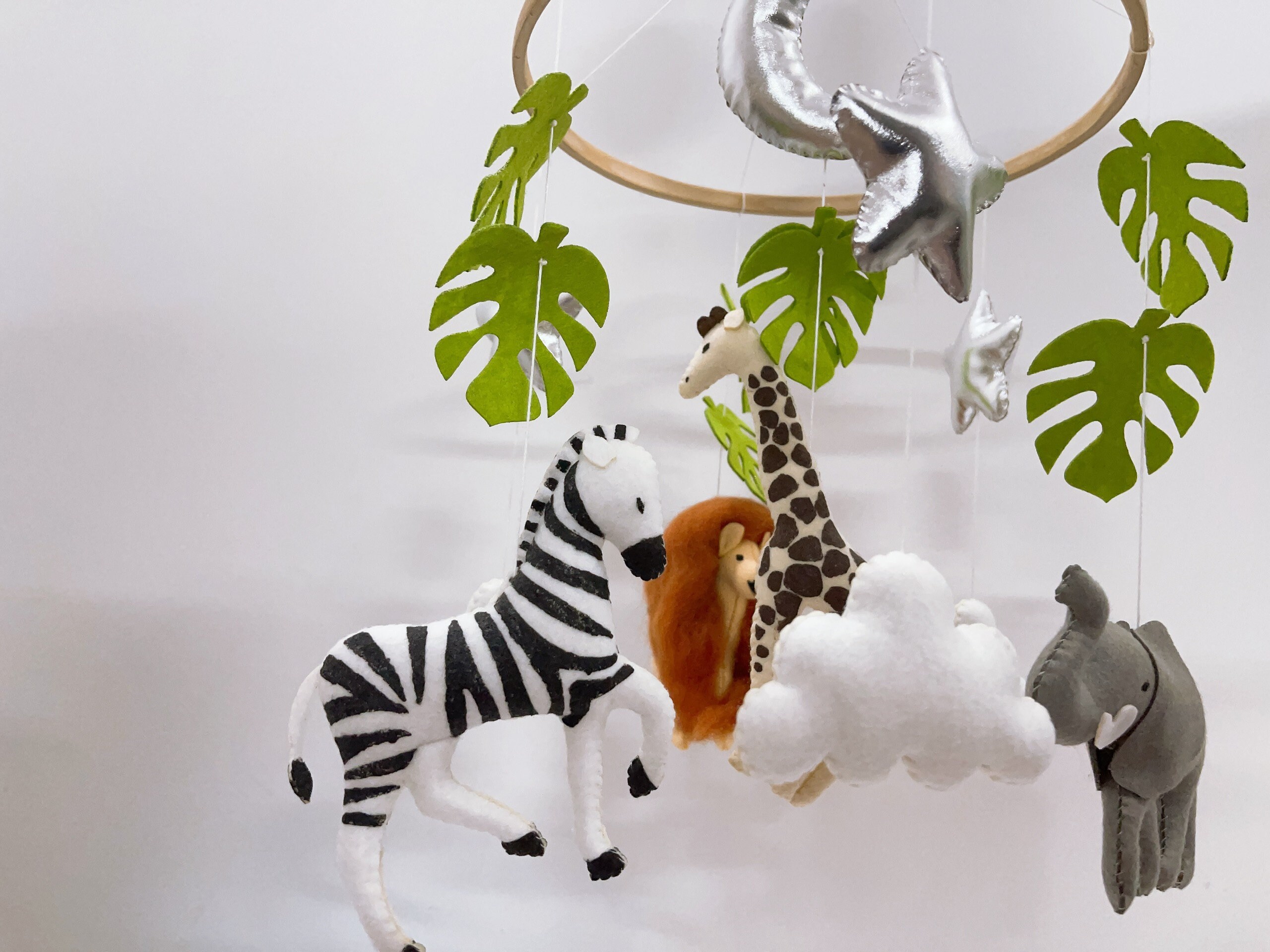 Felted Safari Nursery Mobile With Moon, Realistic Felt Animals Lion